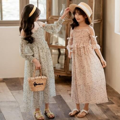 2021 Summer Girl Maxi Dress Flowers Children Chiffon Dresses Off-Shoulder Beach Kids Dress for Girls Baby Princess Dress, #8381