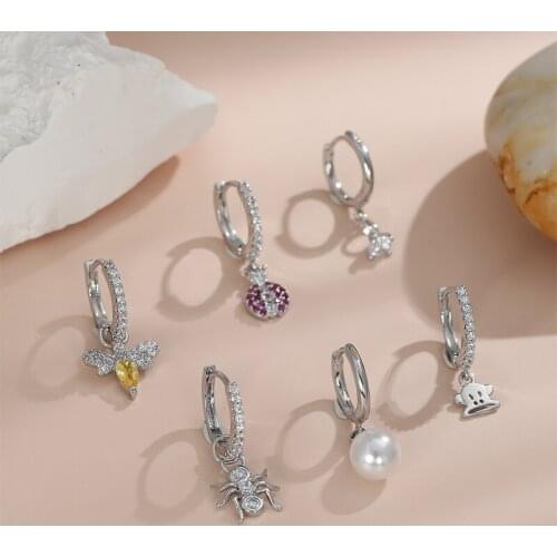 6pcs/Set Small Hoop Earrings for Women Insect Dragonfly Spider Pearl Zircon Dangle Earrings Design Female Party Jewelry Gift