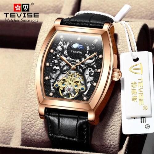 Vintage Rose gold Tonneau Dial Mens Tourbillon Automatic Mechanical Watches Skeleton Analog Military Leather Strap Wristwatch