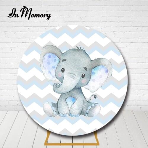 InMemory White Blue Grey Elephant Round Backdrop Cover Newborn Baby Shower Boys 1st Birthday Party Circle Background Elastic