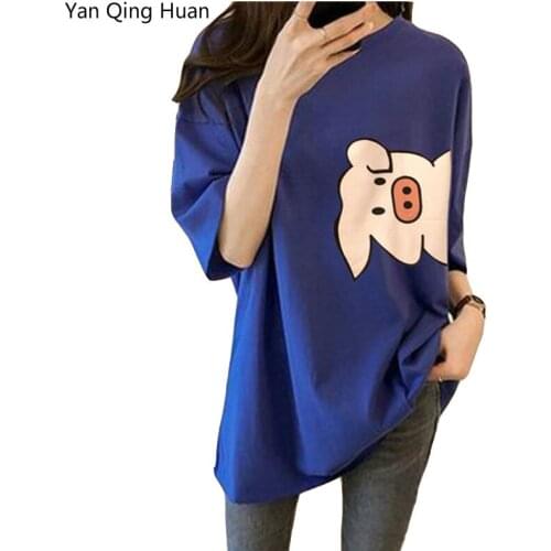 Yan Qing Huan Summer New Korean Version Of The Loose Pig Cartoon Pattern Tees Large Size Ins Candy Color Tops Womens T-shirt