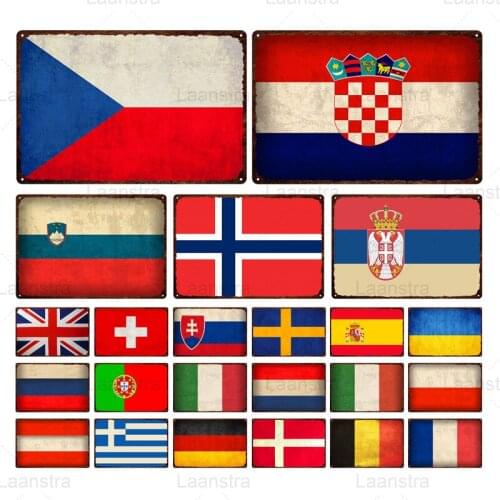 Metal Tin Sign World National Flag England Italy Russia Wall Retro Decoration Iron Painting Wall Art Home Bar Living Room Club