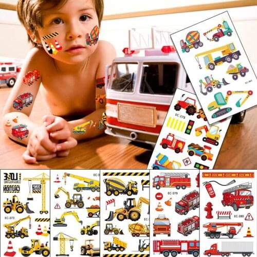 Cartoon Farm Theme Construction Vehicle Temporary Tattoo Excavator Sticker Tractor Fire Truck Stickers Boys Birthday Party Gifts