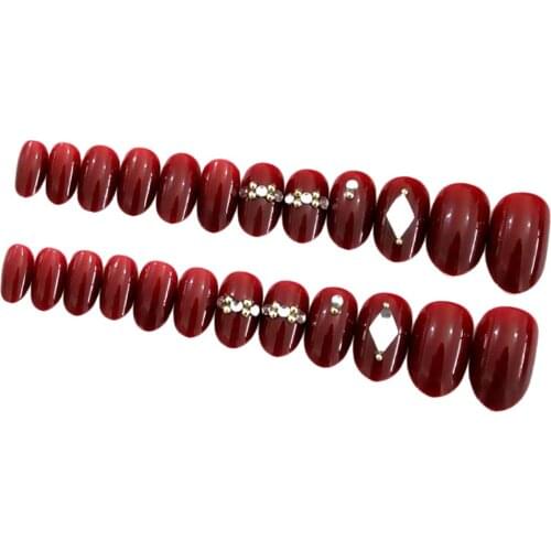 24Pcs False Nail Tips Full Cover with Rhinestone for Women Girls - Short Artificial Nails Natural (Wine Red)