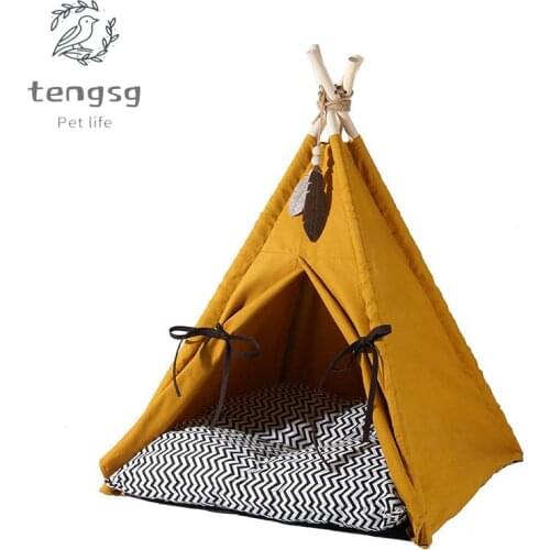 Pet Tent For Dogs Puppy Cat Bed Yellow Canvas Dog Cute House Pet Teepee With Cushion For Pets Up To 15lbs