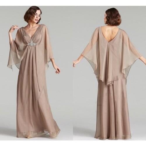 Retro Mother of The Bride Dresses V-neck Cloak Sleeves Formal Party Gowns Beading Rhinestone Chiffon Mother Dresses for Wedding