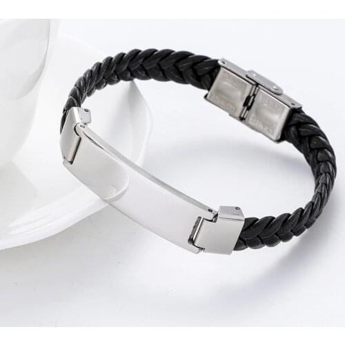 Stainless Steel Blank ID Tags Leather Bangles For Engrave Leather Braid Bracelet With Metal Plate Wholesale 10pcs