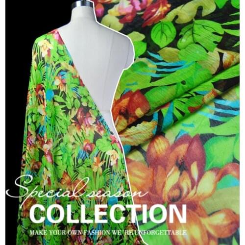 LEO&LIN Green leaves flowers 100% silk Shun Yu wrinkle Baotou georgette scarf spring summer dress fabric (1 meter)