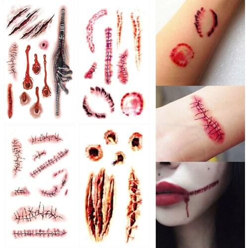 Halloween Scar Fake Tattoo Body Makeup Waterproof Decorations Transfer Tattoo Wound Scary Blood Injury Temporary Tattoos Sticker