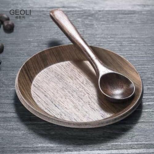 Solid Wooden Plate Wooden Spoon Fruit Dishes Saucer Tea Tray Dessert Dinner Plate Round Shape Coffeeware Set