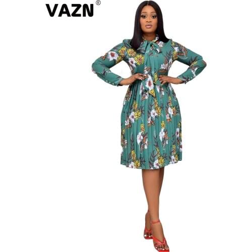 VAZN 2020 Hot Sales High-end Plus Size Retro Young Daily Office Bow Elegant Full Sleeve High Waist Women Pleated Midi Dress