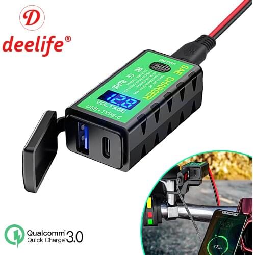 Deelife USB Motorcycle Charger Power Adapter Voltmeter 12V Sae Connector Type C for Phone Charging Motorbike Accessories
