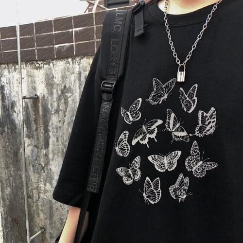 Cute Butterfly Print Harajuku Gothic women T-shirt Y2K Black Vintage Oversized Short-sleeved T-shirt Kawaii Casual Aesthetic Top