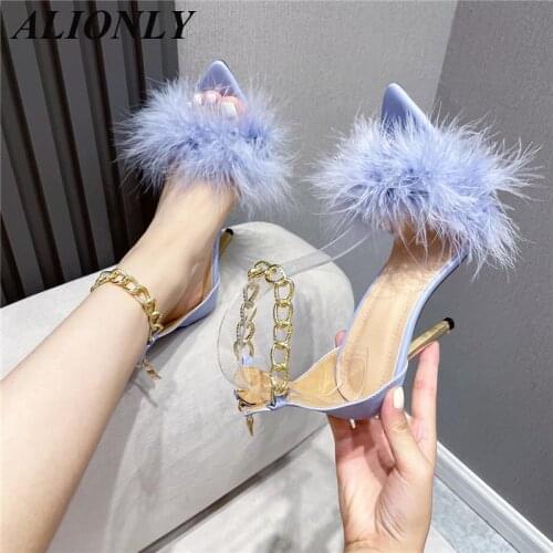 ALIONLY 2021 New Purple Sandals for Women 2021 Summer Sexy Open Toe Feather Design High-Heeled Chain Ladies Wedding Shoes Zipper