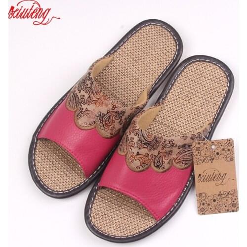 Xiuteng 2020 Summer/Autumn Genuine Cowhide Leather Women House Slippers Flat Flax Shoes Indoor Feminina Sandals Slippe 3 Color