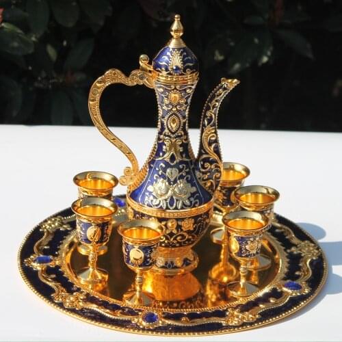 12" Plate Gold & Blue Color Flower Pattern Metal Wine Set Tea Set Fashion Zinc Alloy Wine Set