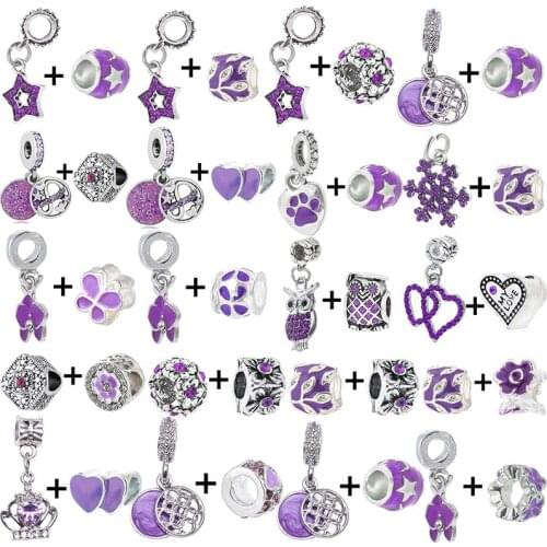 2Pcs/Lot 2021 New Purple Owl & Heart Charm Beads Fit Silver Plated Bracelet Necklaces For Women Men Jewelry Making Special Offer