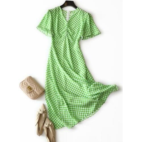 22mm 100% silk europe retro placket pleated waist silk dress women 2021 new fashion v neck short sleeve silky comfortable dress