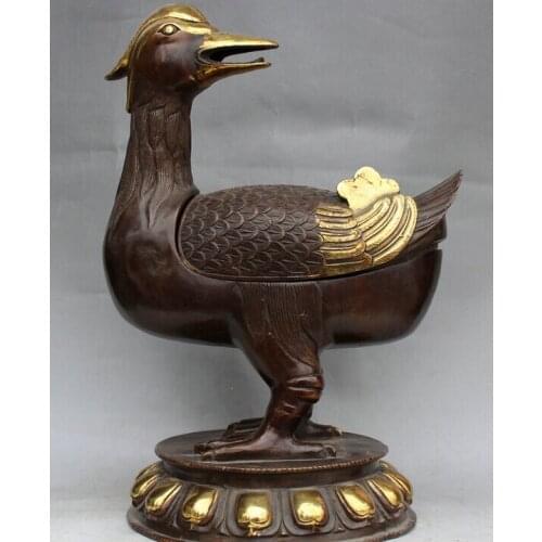FREE SHIPPING S2010 14" Chinese Bronze Gild mandarin duck Bird cygnus Statue Incense Burner Censer