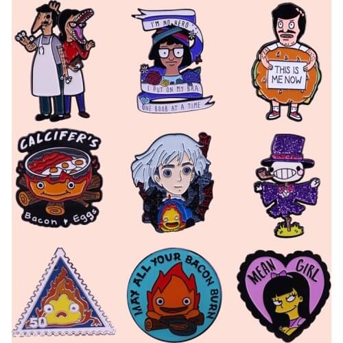 ZF2021 Cartoon Hamburger Man Scarecrow Fire Metal Enamel Badge Buttons Brooch Anime Lovers Denim Shirt Lapel Pins