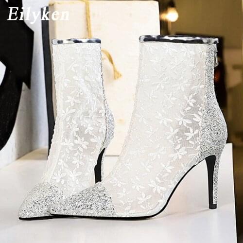 Eilyken New Design Bling Sequined Cloth Pointed Toe Club Stripper Ankle Boots Fashion Embroider Lace Mesh Womans Shoes Heels
