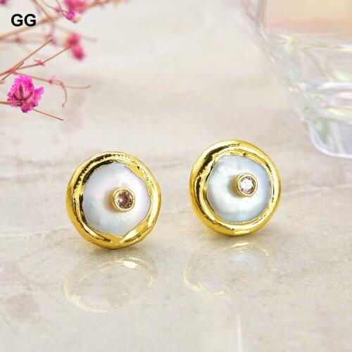 GuaiGuai Jewelry 16mm Freshwater White Coin Pearl 24 Gold Color Plated Stud Clear Cz Earrings