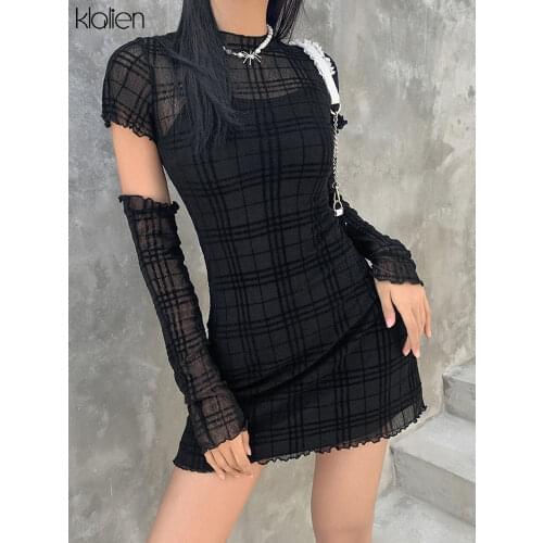 KLALIEN 2021 Spring Fashion Simple Plaid Patchwork Young Style Dress Women Casual Street Slim Office Lady Black Mini Dress