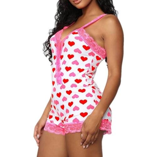 Lace Onesi Sleeveless Summer Sleepwear Jumpsuit Playsuit Bodysuit Rompers Casual Heart Printed Homewear Ladies Women Onsie New