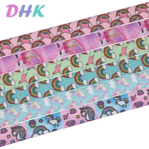 DHK 5/8'' 10yards horse rainbow printed Fold Elastic FOE stretch ribbon hairbow headwear headband DIY OEM B1873