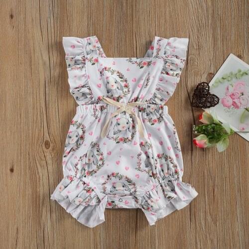 Summer Baby Girls Outfits Clothing Sleeveless Romper with Cartoon Rabbit Printing Bow Ruffled Fly Sleeve Jumpsuits For Newborn