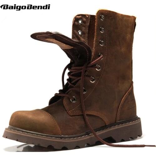 HOT! Genuine Leather Mens Round Toe Lace Up Mid-Calf Boots Work Safety Soldiers Ridding Boots Man Winter Snow Boots