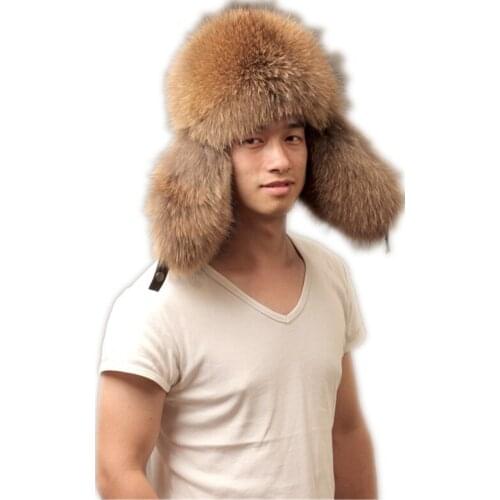 Men fur bomber hats of natural fox fur & raccoon fur hats with earflaps black natural silver fox fur leifeng caps for male M101