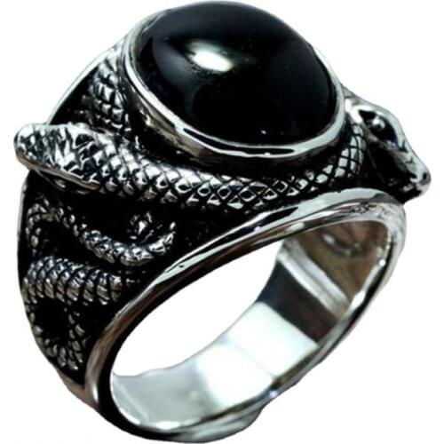 Punk Black Gem Stone Ring for Men Vintage Jewelry Ancient Silver Color Cross Snake Carved Metal Oval Zircon Finger Ring Gift