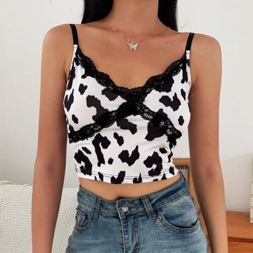 New style womens cow print lace lace exposed navel sexy camisole