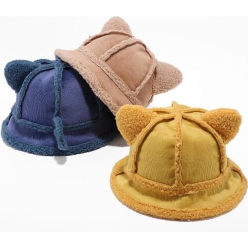 Warm Childrens Cat Ear Bucket Hat Winter Suede Faux Fur Thicken Warm Plush Wool Fleece Fisherman Hat Sunscreen Panama Hat