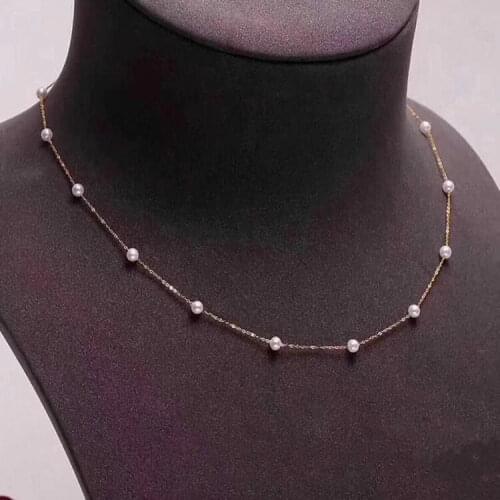 Stunning 3-4mm Japan Akoya white round pearl pendant 18inch solid gold