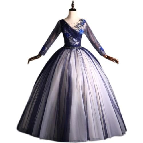 Luxury 100%real navy embroidery beading long sleeve court ball gown royal Medieval Renaissance Victorian dress Belle ball