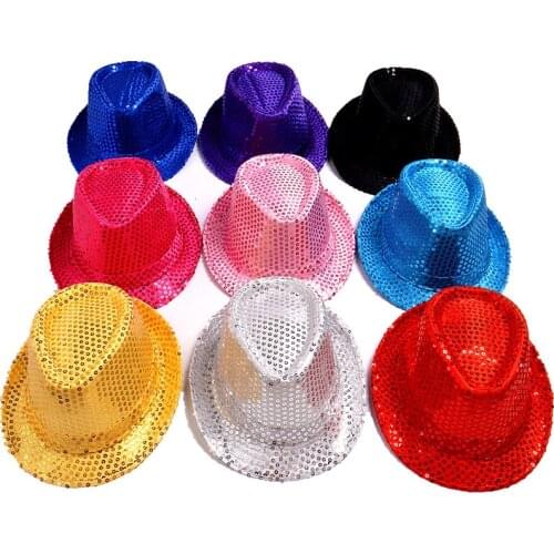 Adult and Child Unisex Brilliant Glitter Sequins Hat Dance Fedora Hat Kid Dance Cap Solid Jazz Hat Party Glitter Costum 2size