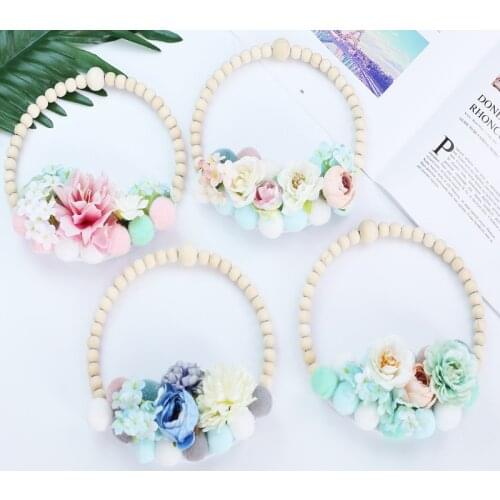 INS Nordic Hair Balls Flower Garland Wooden Beads Ornaments Wall Hanging Pendant Kids Room Decoration Wind Chimes Photo Props