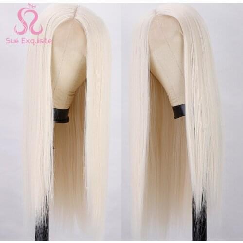 SUe EXQUISITE Long Straight Wig Front Lace Honey White Synthetic Wigs For Black Women Heat Resistant Natural Middle Part Wig