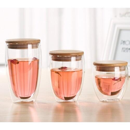 Heat Insulation Bodum Design Wine Cafe Juice Cup Double Wall Glass For Bar Sealing Up Travel Coffee Teacup Mug With Bamboo Lid