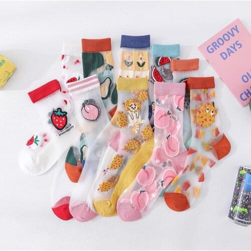 Spring crystal silk glass silk sunscreen socks ladies Japanese cute cartoon pattern fruit breathable pile pile socks
