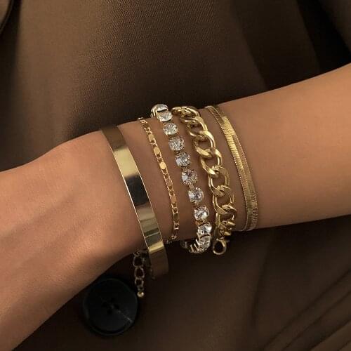 Vintage Gold Bracelets for Women Girls Fashion Statement Crystal Charm Herringbone Snake Chain Bangle Bracelets on Hand Jewelry