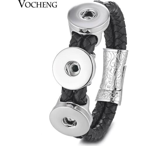 Vocheng Snap Charms Leather Bracelet Fit 18mm Button Black Double Braided Magnet Clasp NN-560