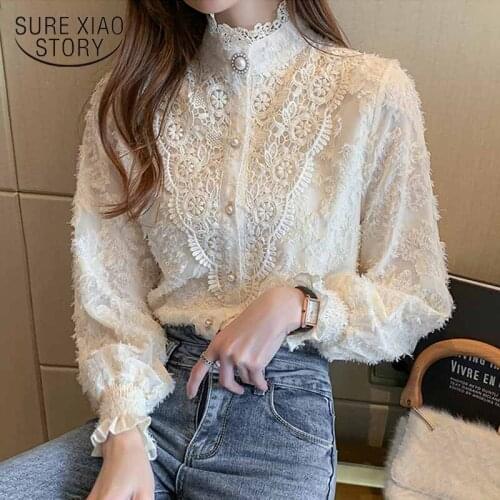 Autumn Hollow Out Flower Womens Shirt Stand Collar Tassel Stitching Lace Blouse New Loose Womens Long Sleeve Top Blusas 16556