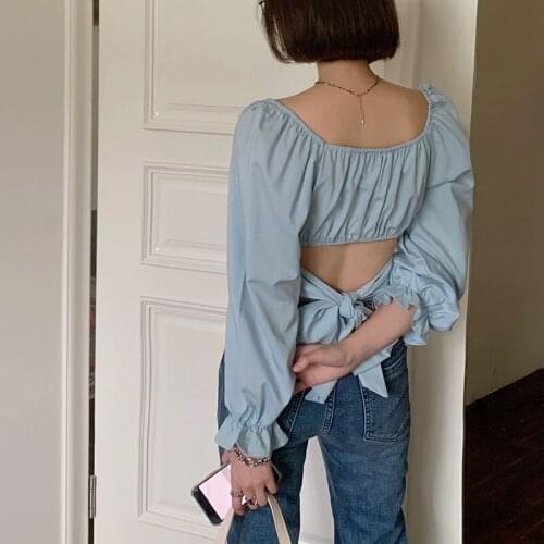 2021 Spring New Fashion Korean Version of Solid Color Design Back Slim Casual Long-sleeved Y2k Top with Bow Top Women T-shirt