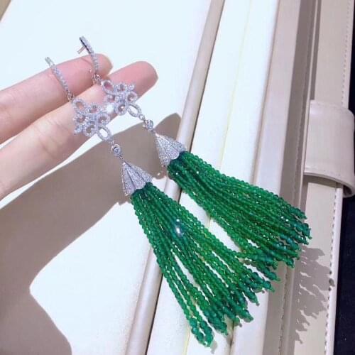 Green red black color long tassels earring 925 sterling silver with cubic zircon fine women jewelry free shipping