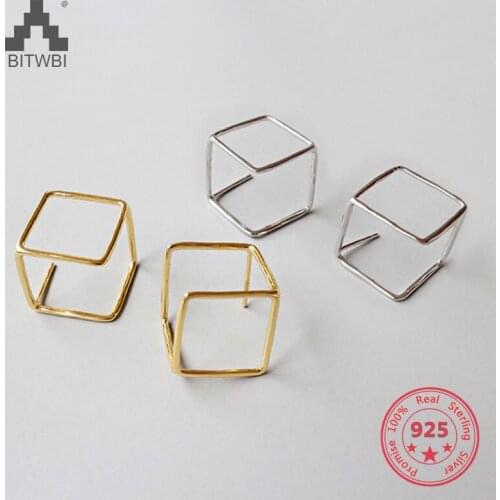 100% S925 Sterling Silver Earring Fashion Simple Geometric Square Hollow Dangle Earrings