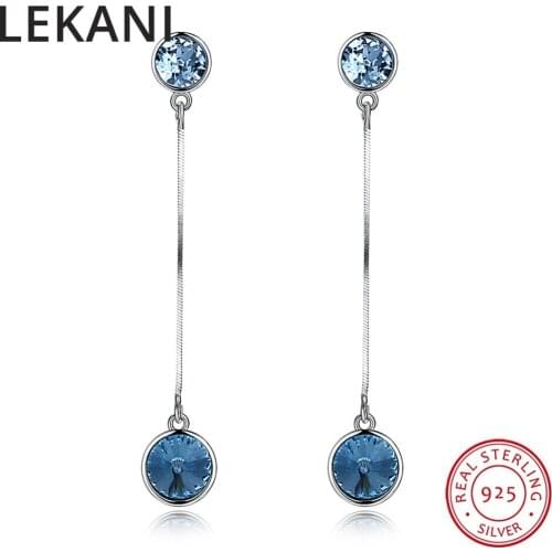 LEKANI Original Blue Crystals From SWAROVSKI Long Chain Drop Earrings S925 Sterling Silver Fine Earrings For Women Wedding Gifts