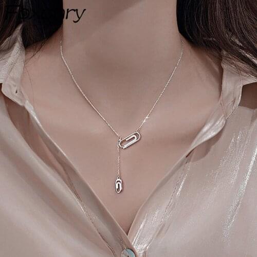 Foxanry New Fashion 925 Sterling Silver Necklace for Women Creative Simple Paper Clip Zircon Pendant Birthday Party Jewelry Gift